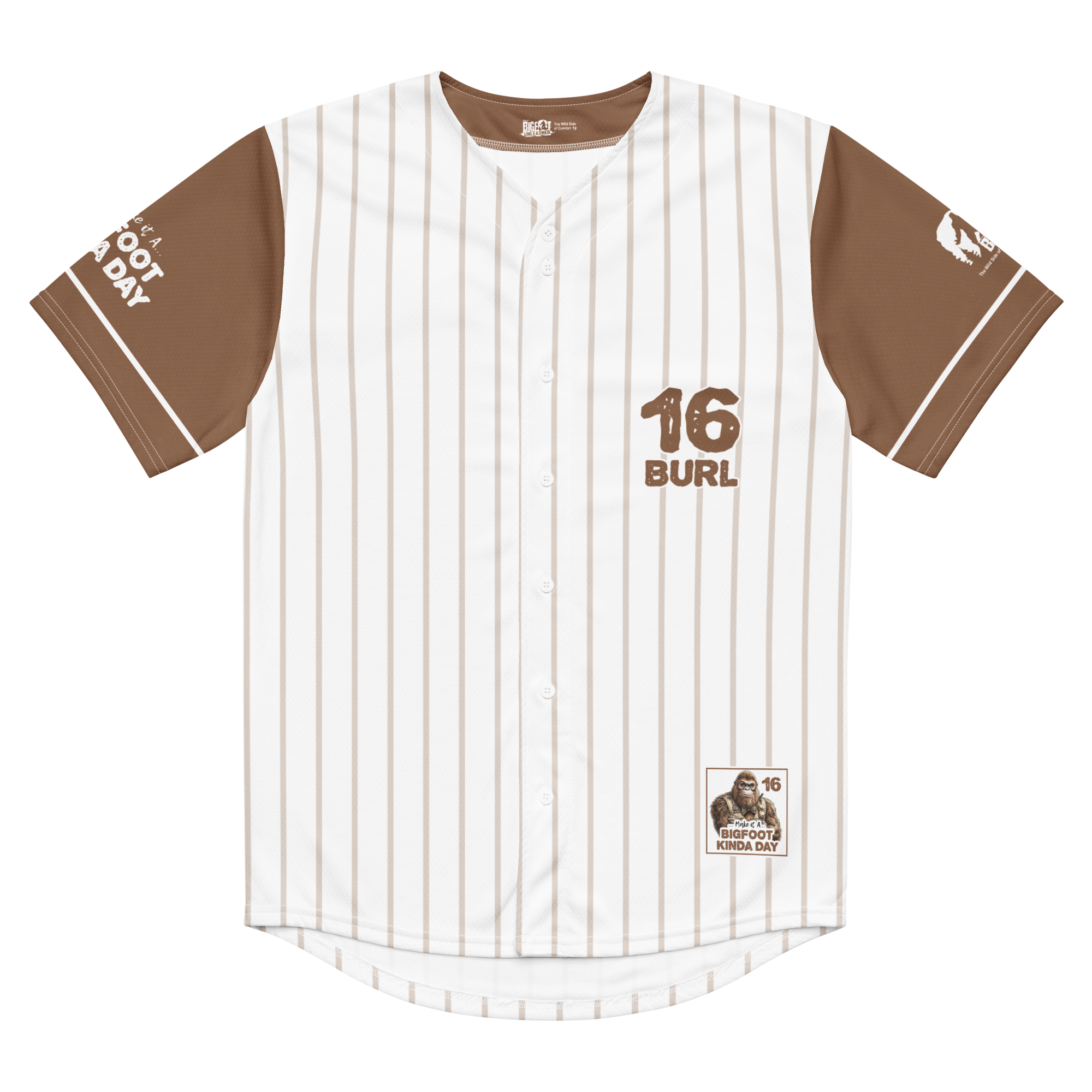 Baseball jersey with brown and white pinstripes, number 16, and 'Burl' text on a white background.