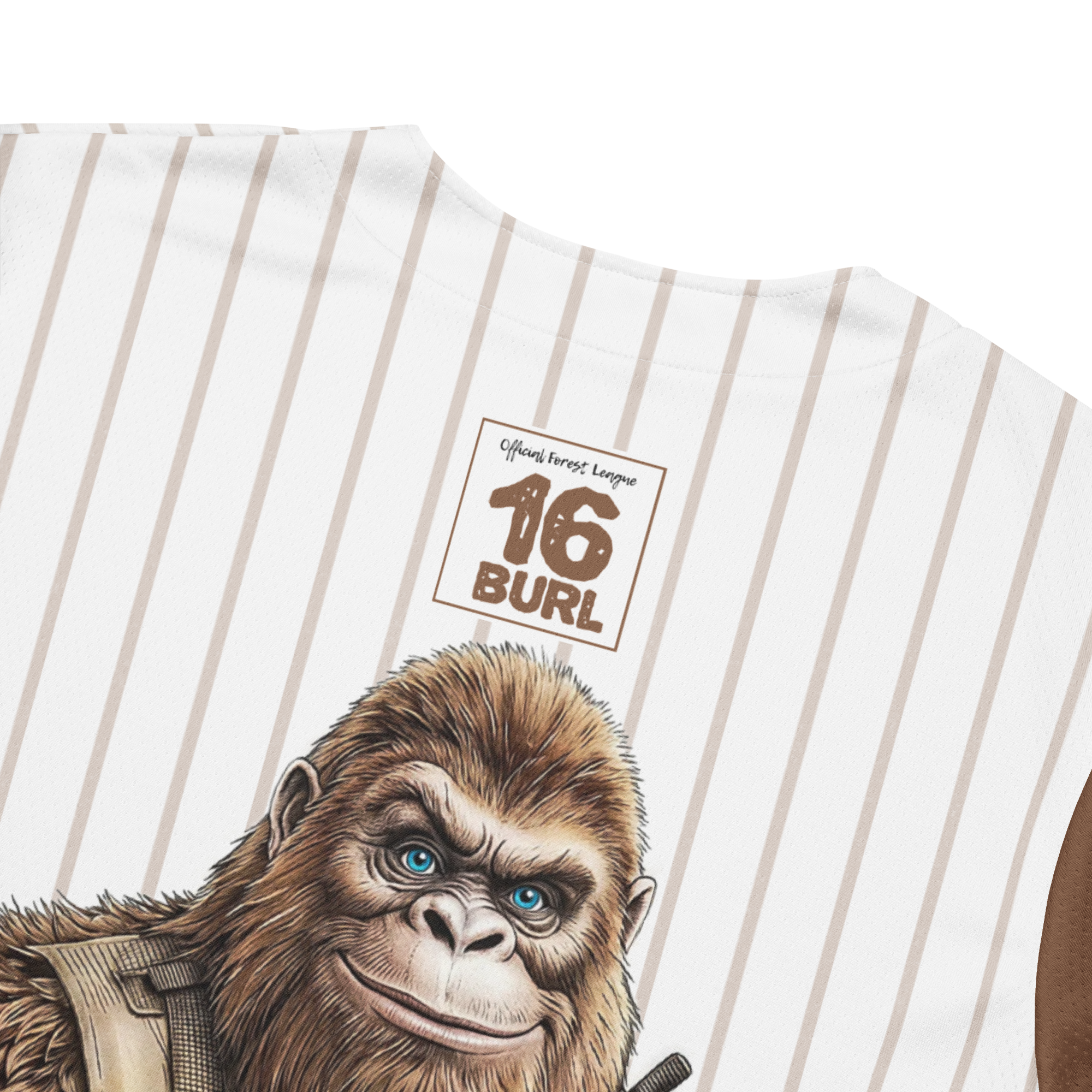 Baseball jersey with a gorilla graphic and '16 Burl' text on a white background