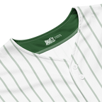 Close-up of a white baseball jersey with green stripes and collar, featuring a brand logo.
