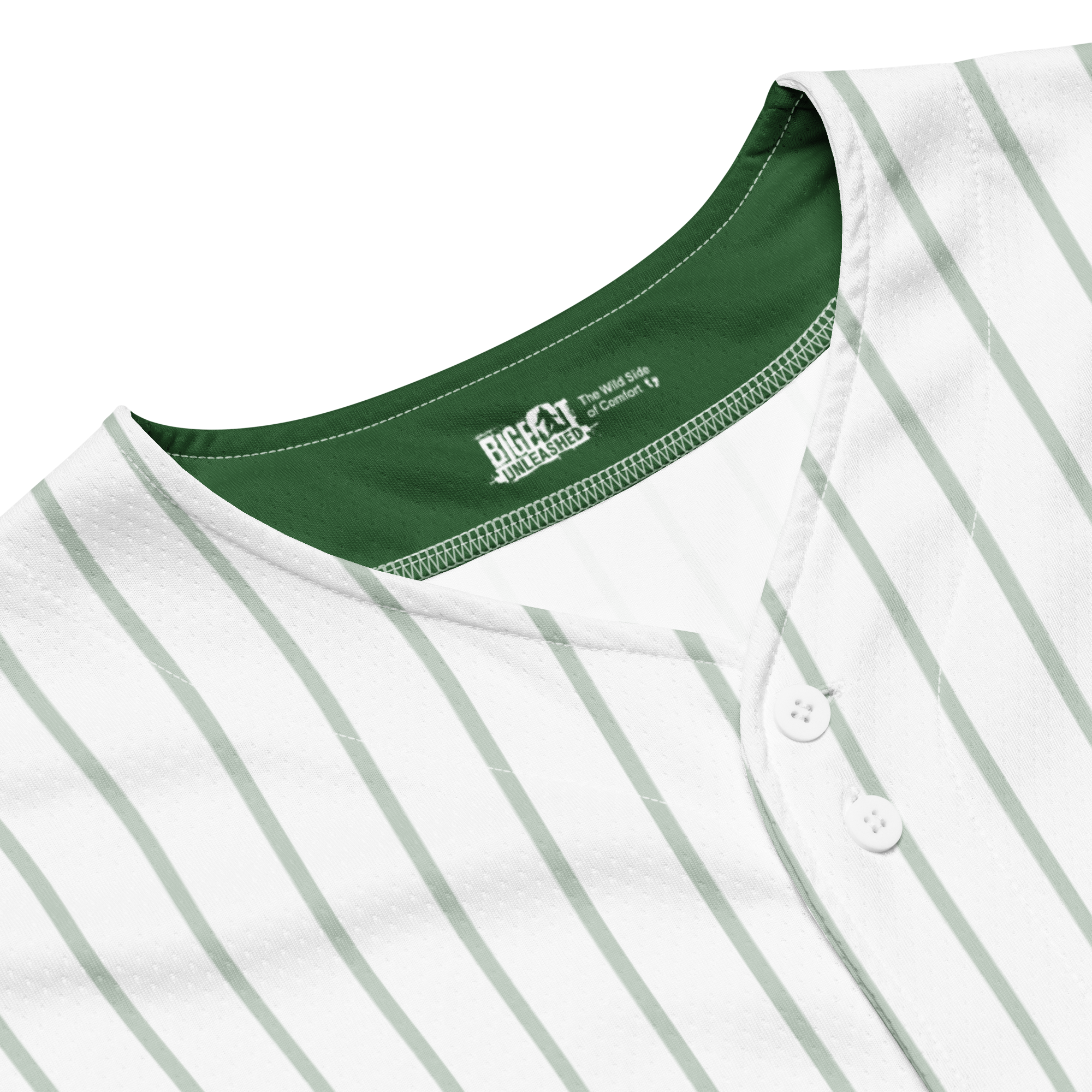 Close-up of a white baseball jersey with green stripes and collar, featuring a brand logo.