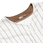 Close-up of a white shirt with brown trim and a brand logo on a white background