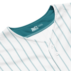Close-up of a white shirt with blue stripes and a visible brand logo on a white background