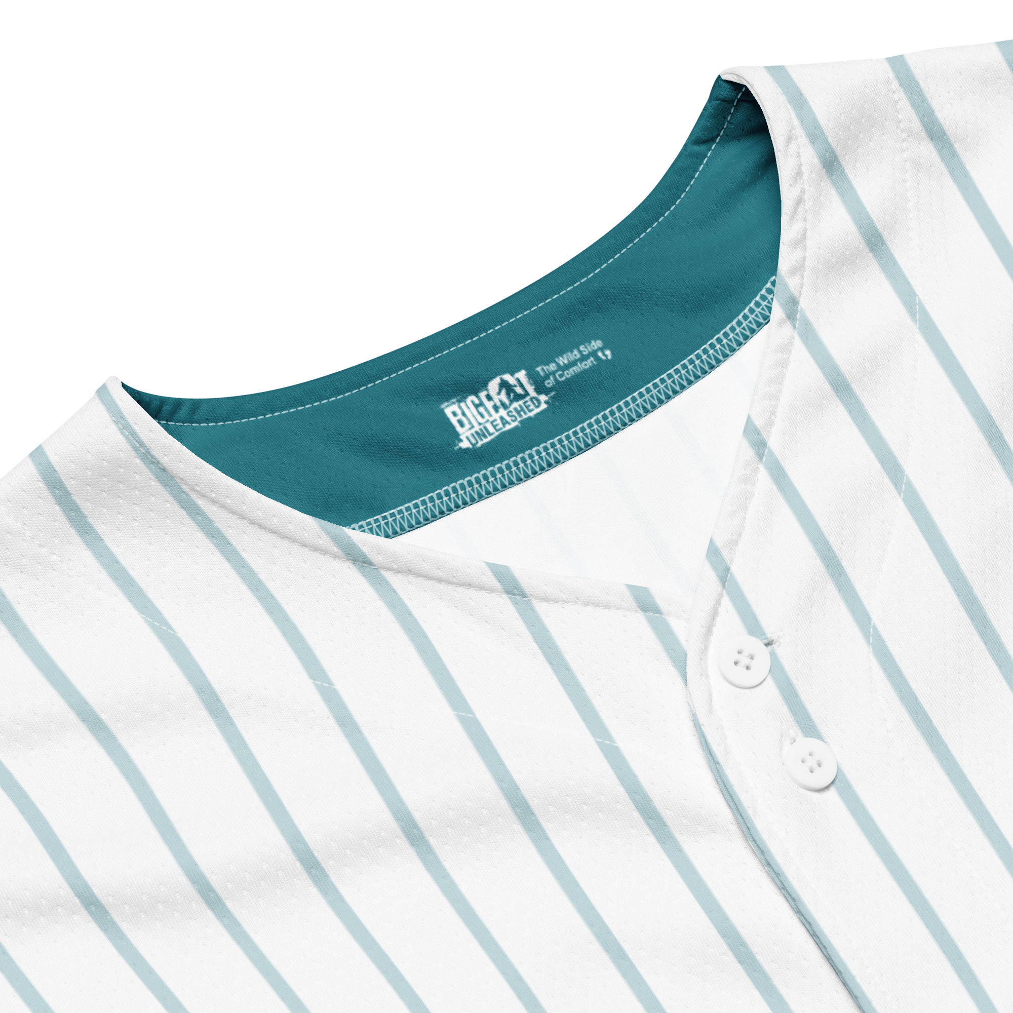 Close-up of a white shirt with blue stripes and a visible brand logo on a white background