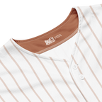 Close-up of a white shirt with brown stripes and a visible brand logo on a white background