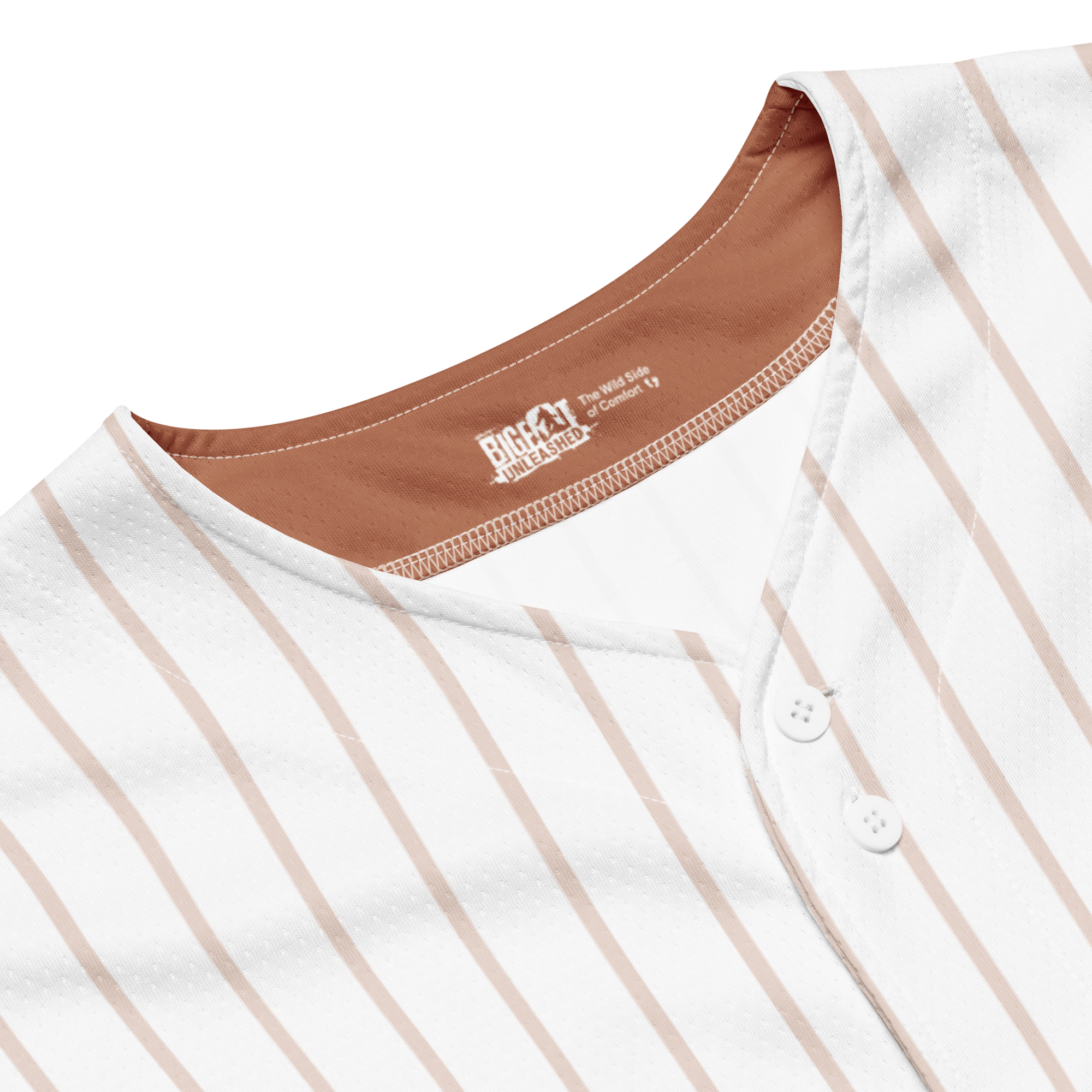 Close-up of a white shirt with brown stripes and a visible brand logo on a white background