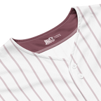Close-up of a white shirt with red vertical stripes and a visible brand logo on a white background.