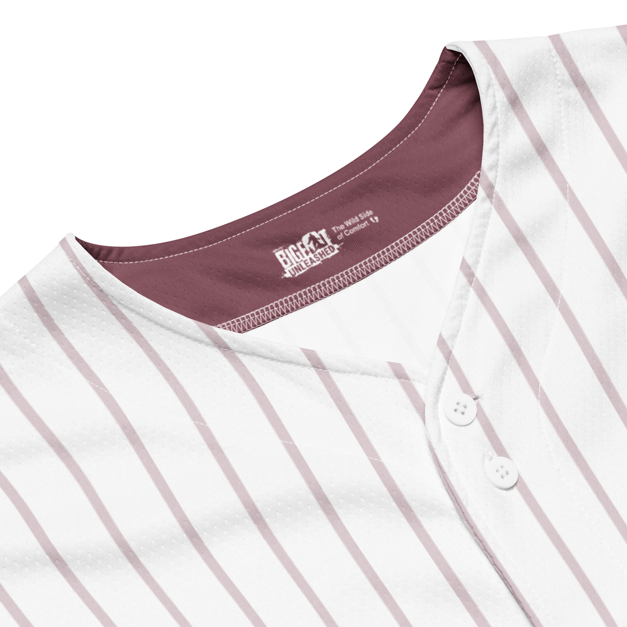 Close-up of a white shirt with red vertical stripes and a visible brand logo on a white background.