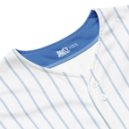 Close-up of a white shirt with blue stripes and a visible brand logo on a white background
