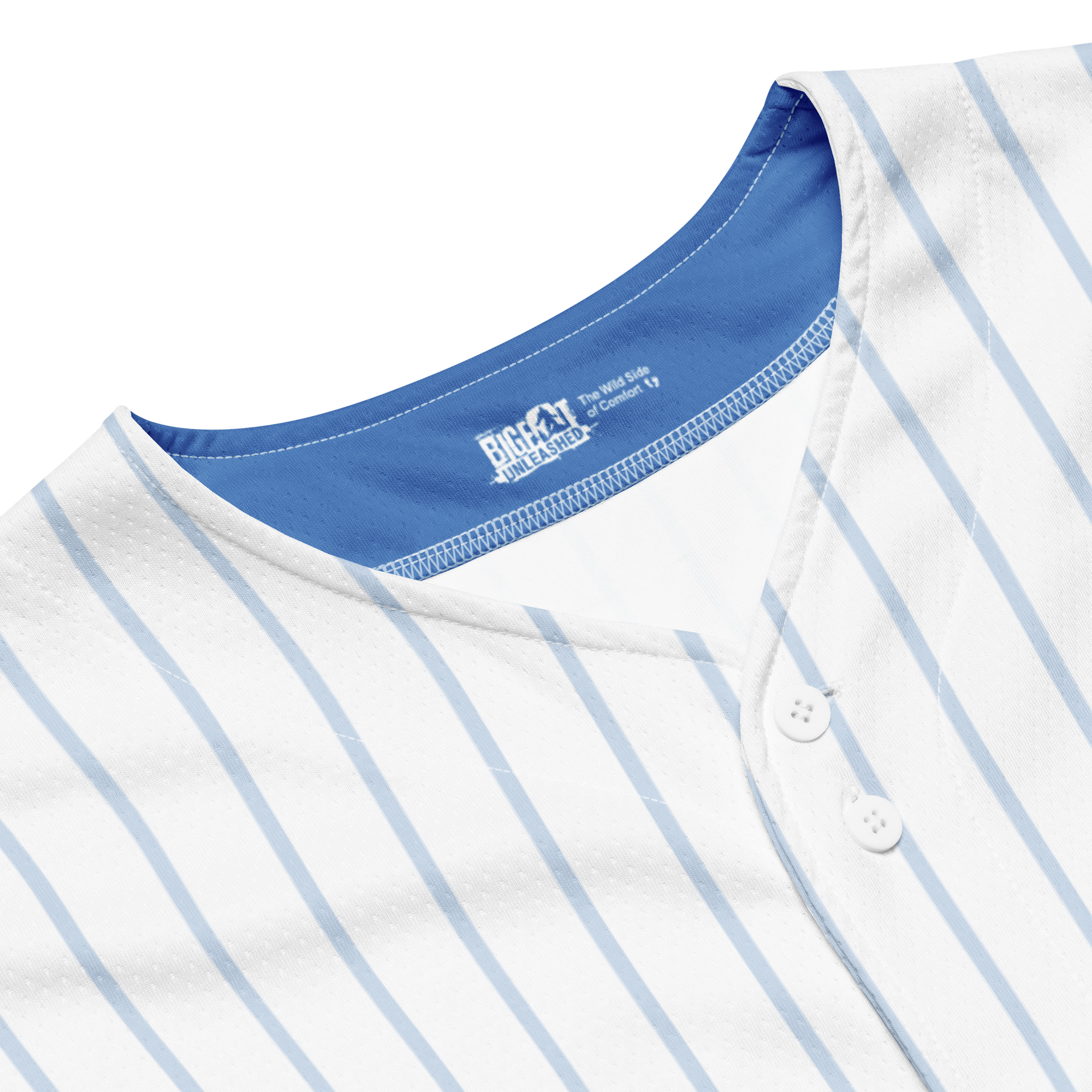 Close-up of a white shirt with blue stripes and a visible brand logo on a white background