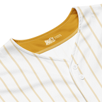 Close-up of a white shirt with yellow stripes and a visible brand logo on a white background