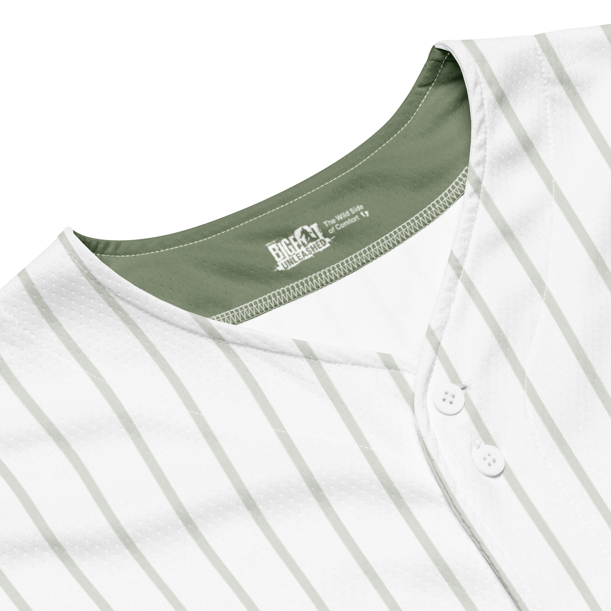 Close-up of a white baseball jersey with green collar and 'Rawlings' branding.