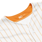 Close-up of a white shirt with orange lining and visible brand logo.