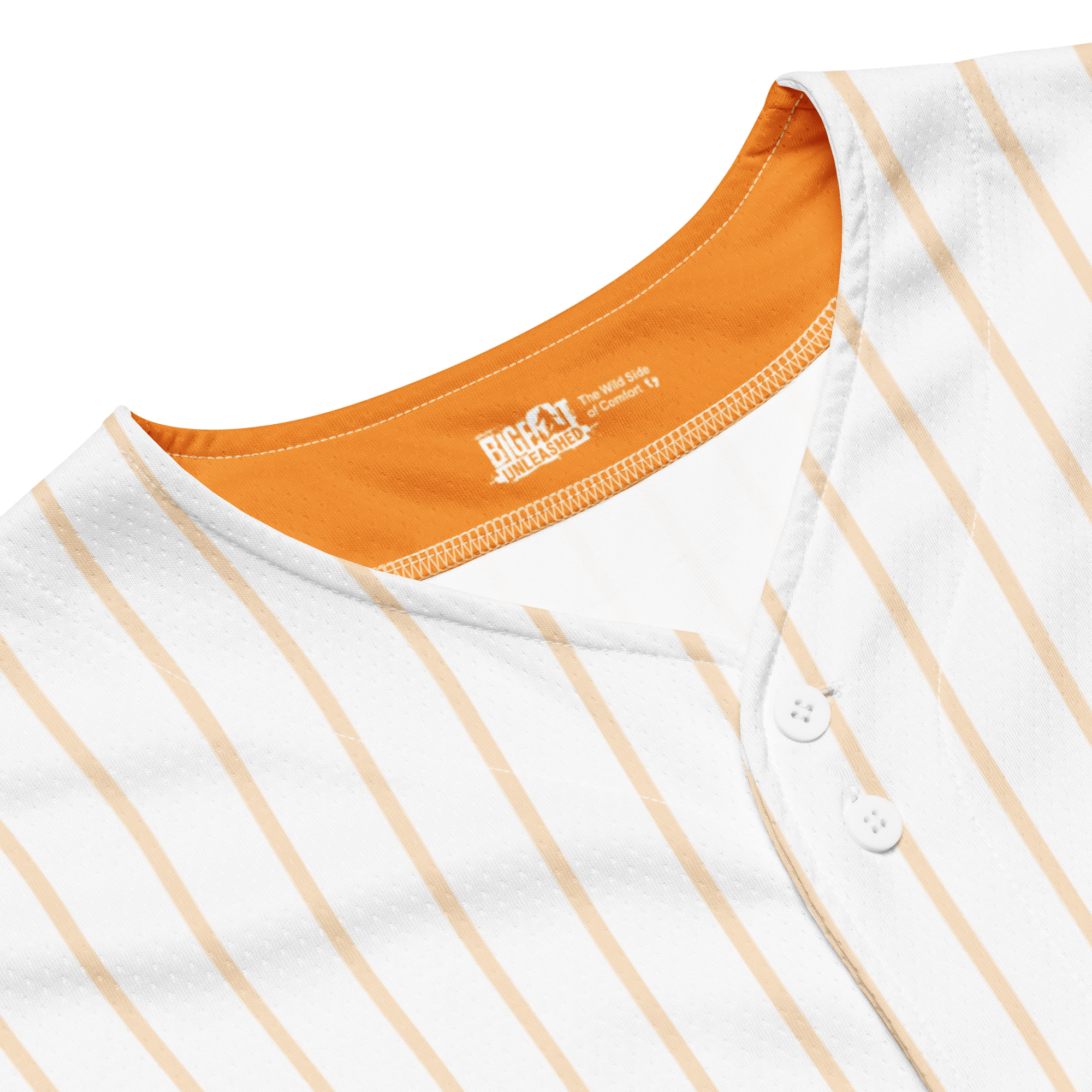 Close-up of a white shirt with orange lining and visible brand logo.