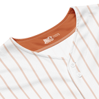 Close-up of a white shirt with pink stripes and a visible brand logo on a white background