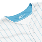 Close-up of a white shirt with blue stripes and a visible brand label on a white background