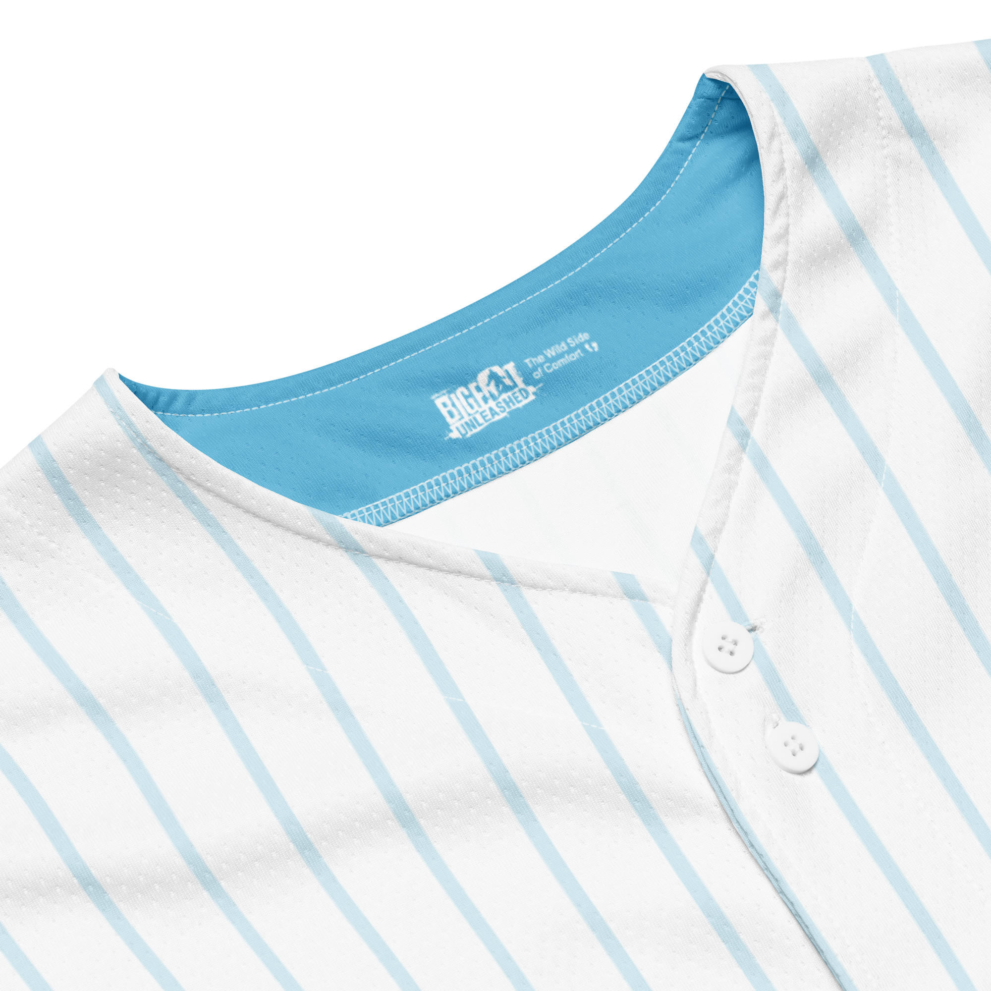 Close-up of a white shirt with blue stripes and a visible brand label on a white background