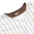 Close-up of a white baseball jersey with brown accents and a visible brand logo.