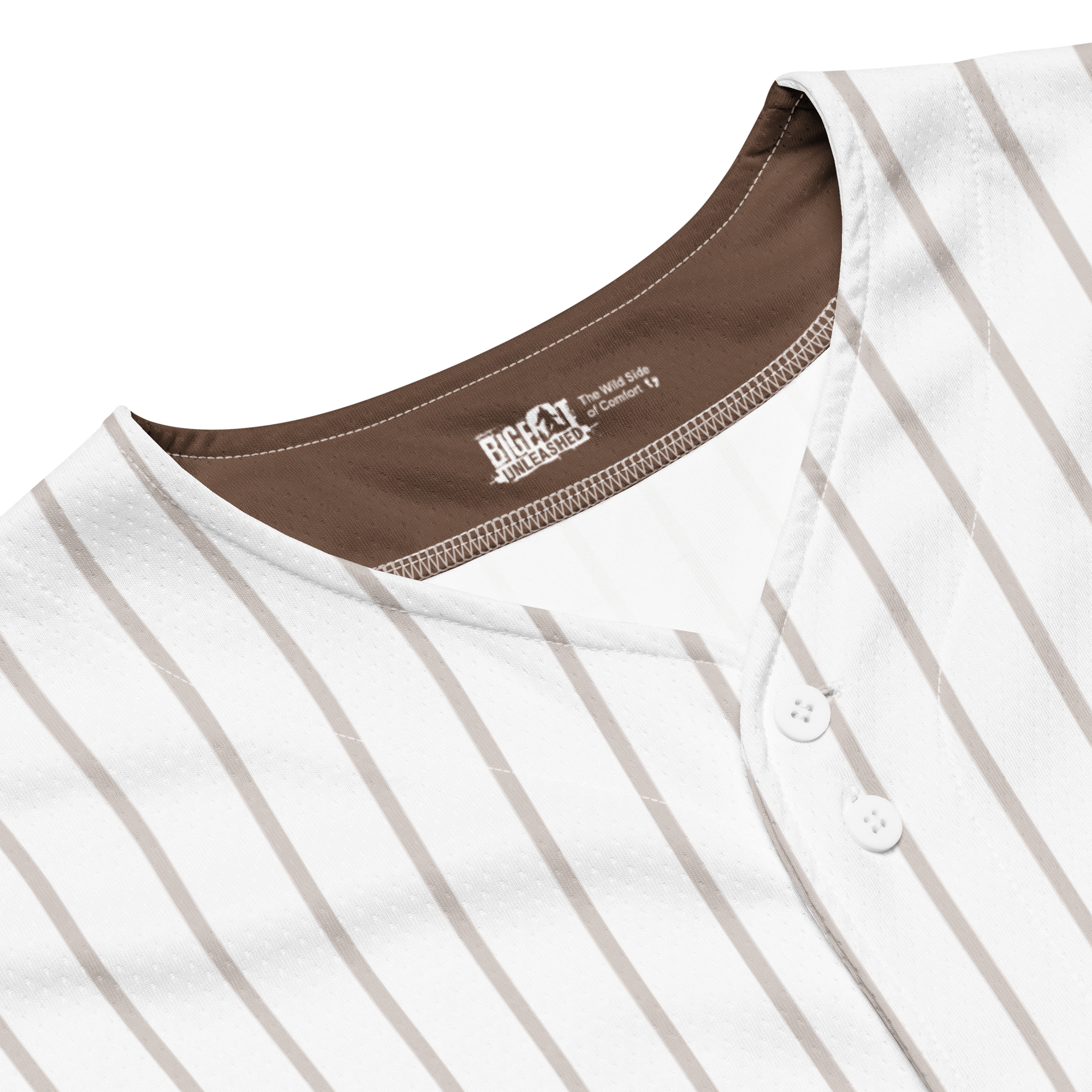 Close-up of a white baseball jersey with brown accents and a visible brand logo.