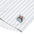 Close-up of a shirt with a cartoon monkey and text on a white background