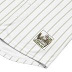 White shirt with green pinstripes and a graphic of a sloth with text on a white background