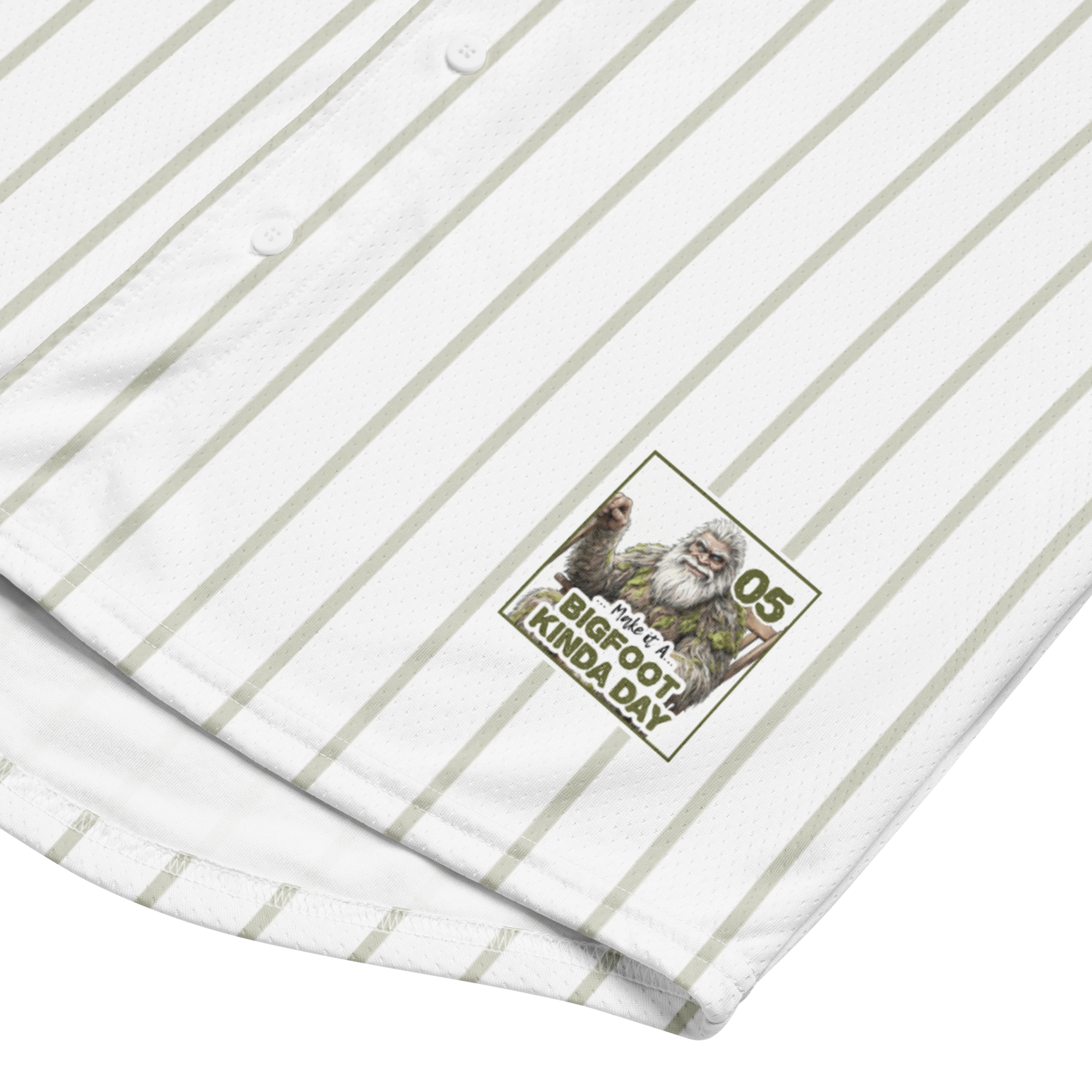 White shirt with green pinstripes and a graphic of a sloth with text on a white background