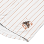 White shirt with yellow pinstripes and a logo featuring a monkey and text on a white background