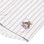White shirt with yellow pinstripes and a logo featuring a monkey and text on a white background