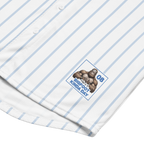 White shirt with yellow pinstripes and a logo featuring a monkey and text on a white background