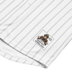 White shirt with yellow pinstripes and a logo featuring a monkey and text on a white background