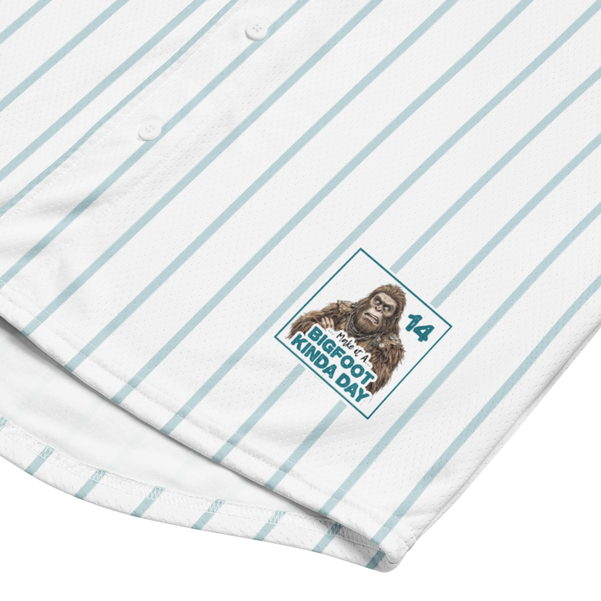 Baseball jersey with a Bigfoot graphic and text on a white background