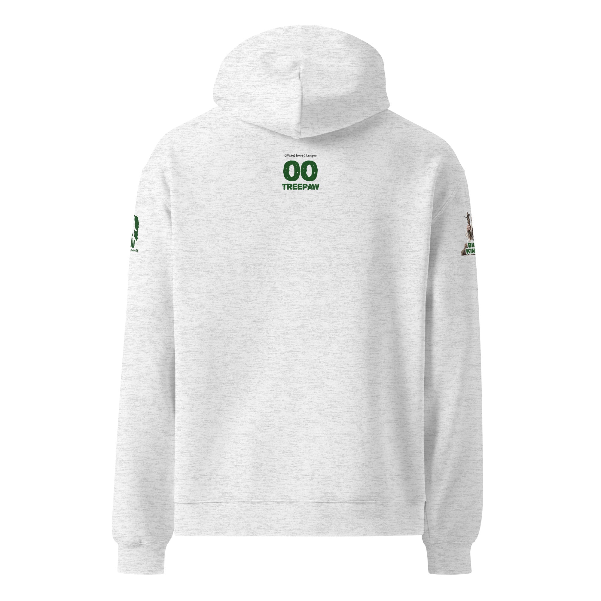Back view of Official Forest League #00 Great Gramps Treepaw relaxed hoodie with Bigfoot Unleashed back-neck branding.