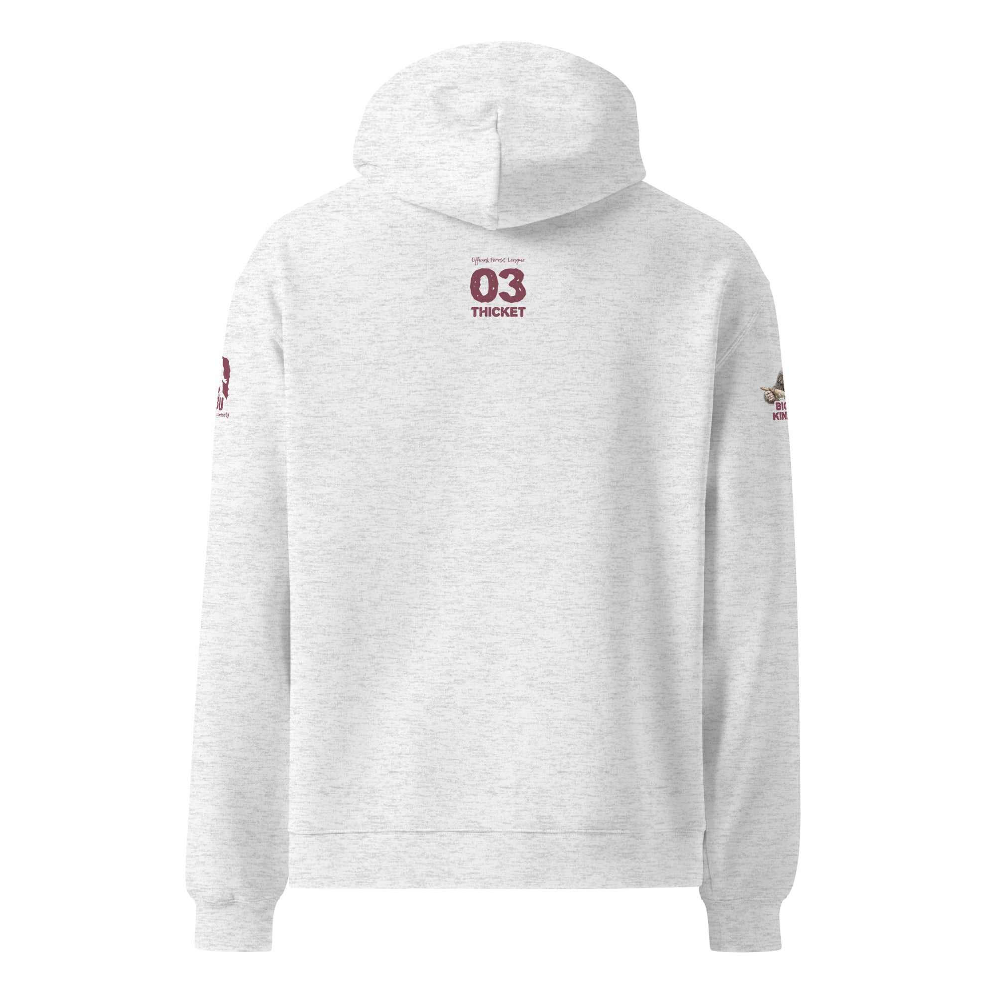 Back view of Official Forest League #03 Grandma Thicket relaxed hoodie with Bigfoot Unleashed back-neck branding.
