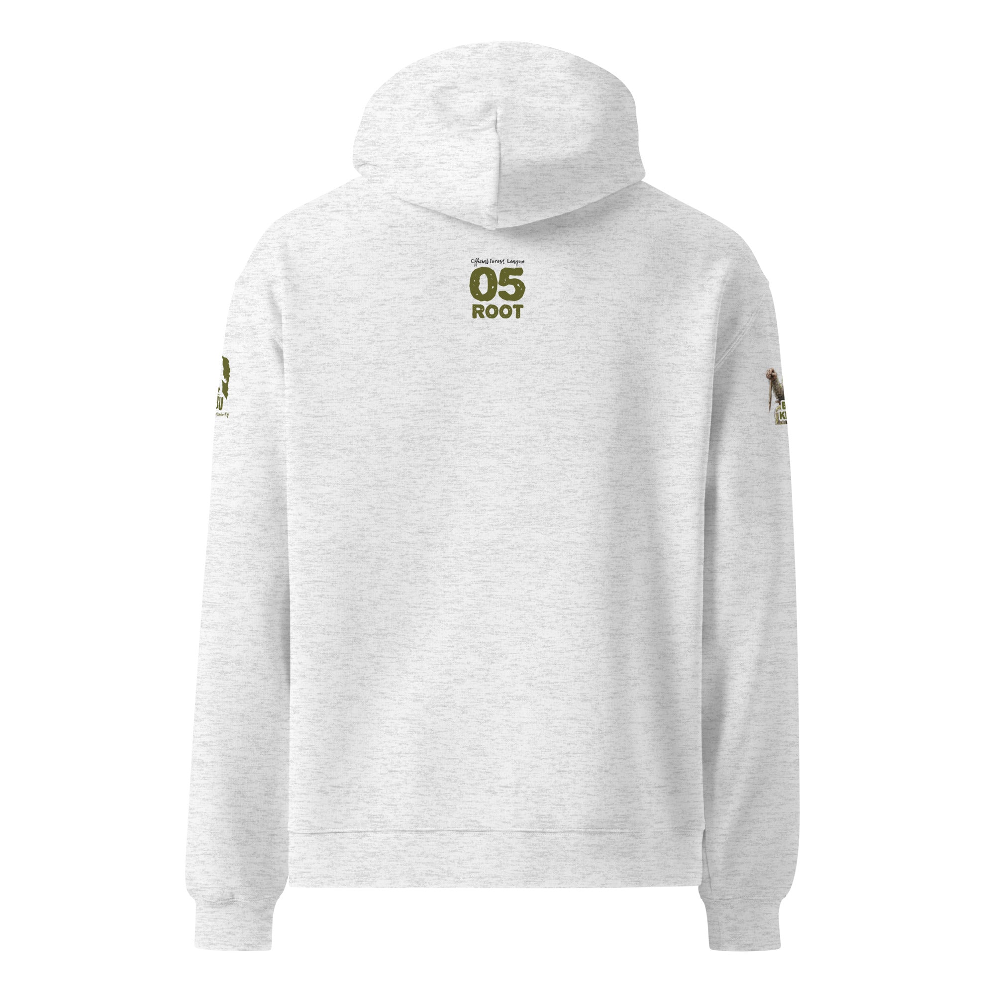 Back view of Official Forest League #05 Grandpa Root white heather relaxed hoodie