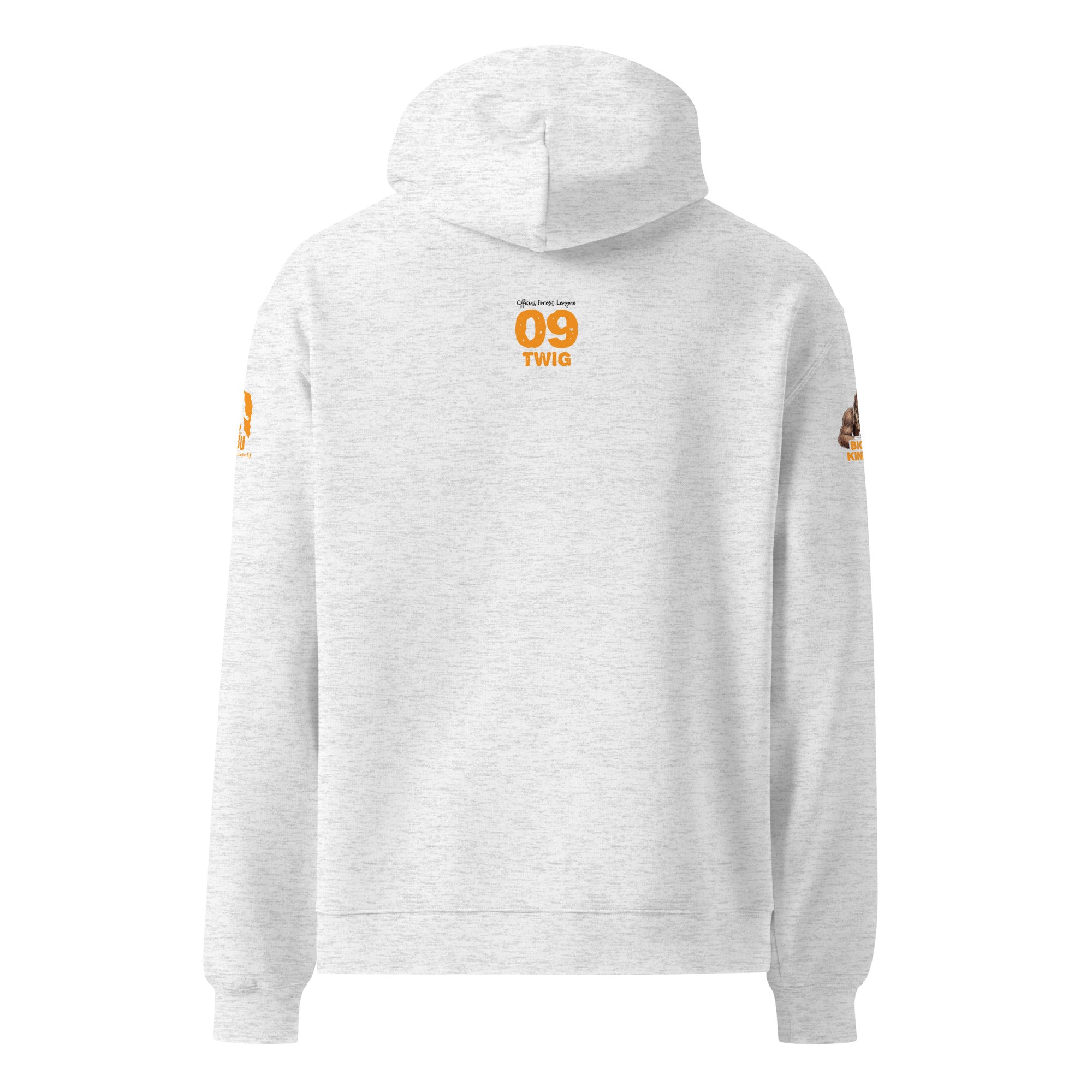 Back view of Official Forest League #09 Cousin Twig white heather relaxed hoodie
