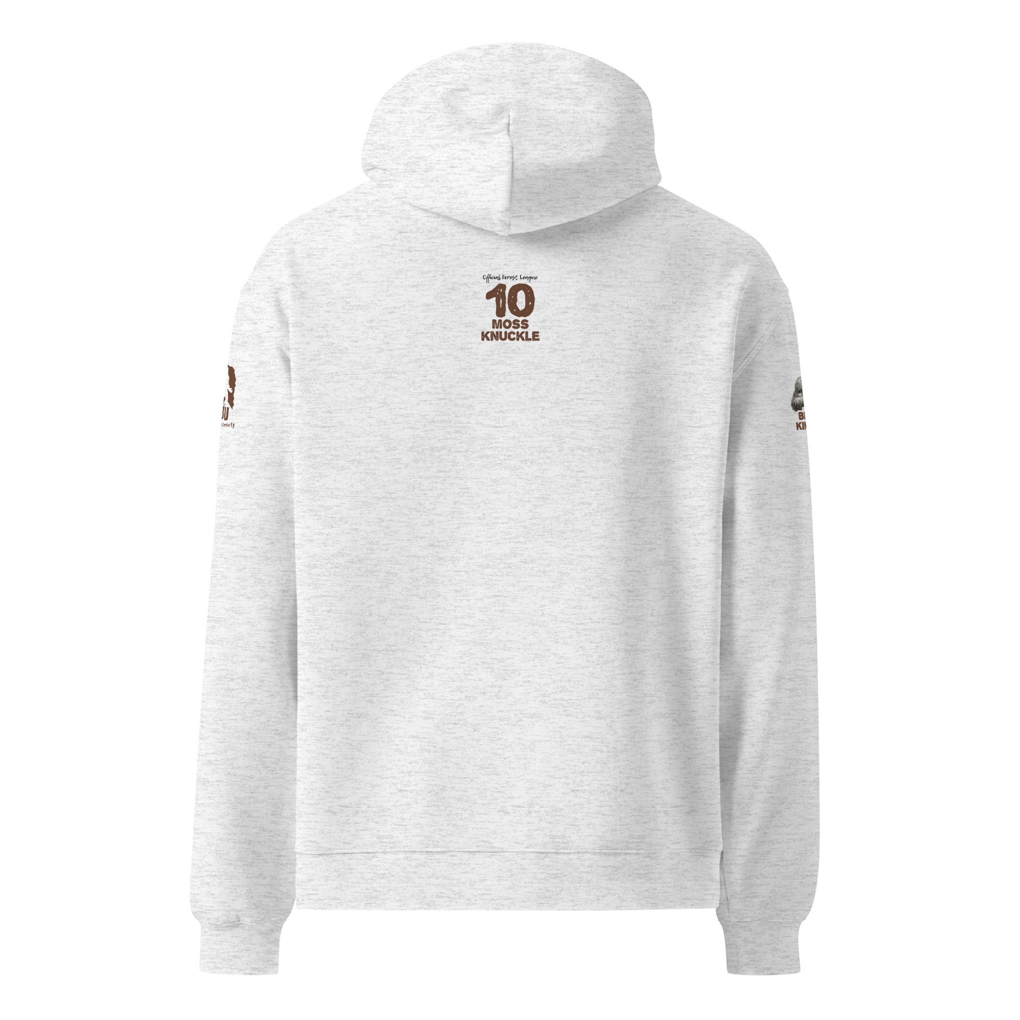 Back view of Official Forest League #10 Papa Moss Knuckle white heather relaxed hoodie