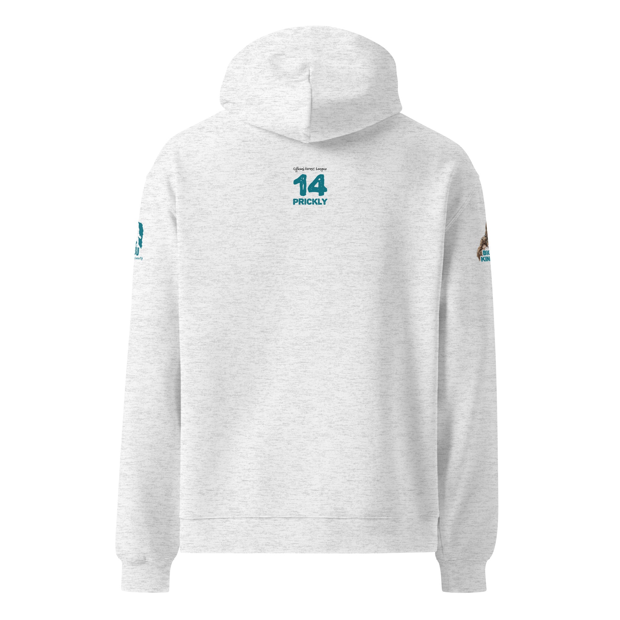 Back view of Official Forest League #14 Aunt Prickly white heather relaxed hoodie