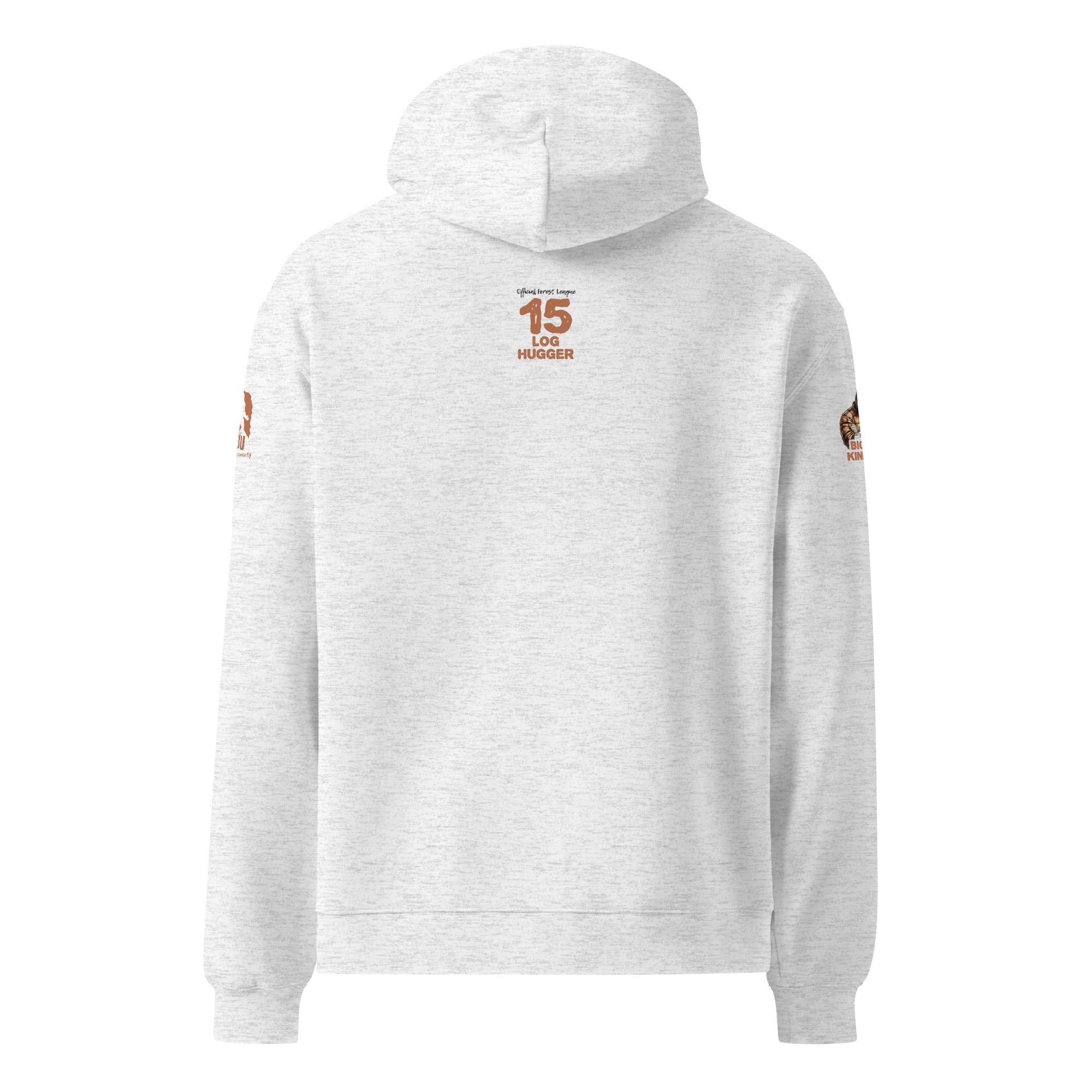 Back view of Official Forest League #15 Neighbor Log Hugger white heather relaxed hoodie