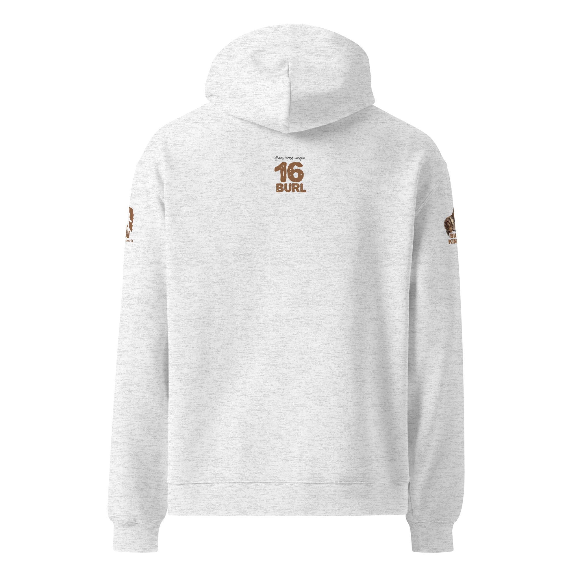 Back view of Official Forest League #16 Uncle Burl white heather relaxed hoodie