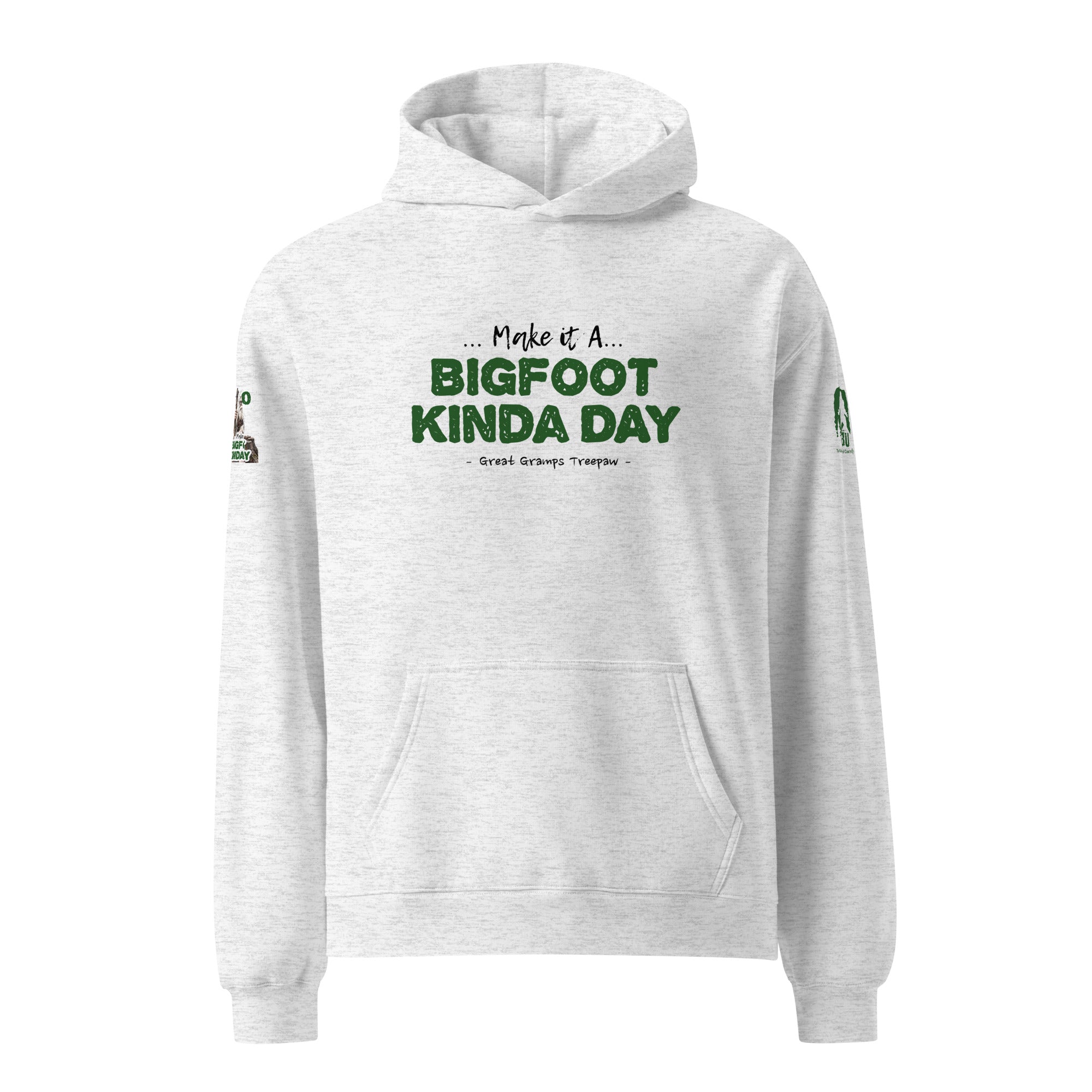 Front view of Official Forest League #00 Great Gramps Treepaw white heather relaxed hoodie with forest-green character artwork and number details.