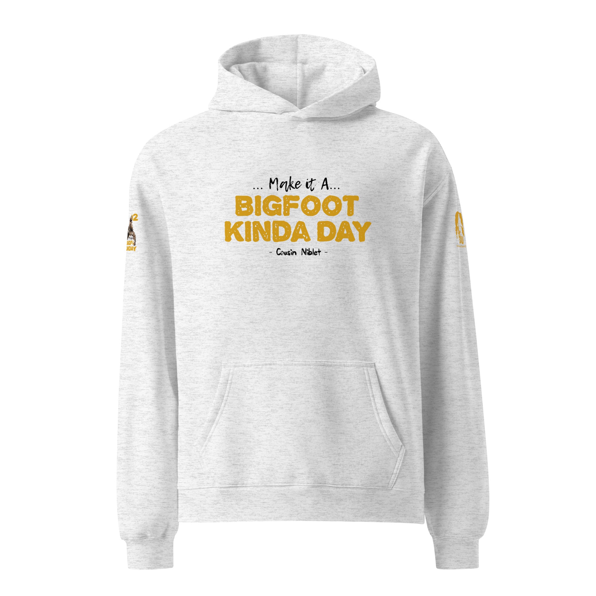 Front view of Official Forest League #02 Cousin Niblet white heather relaxed hoodie with golden-orange character artwork and number details. mockup