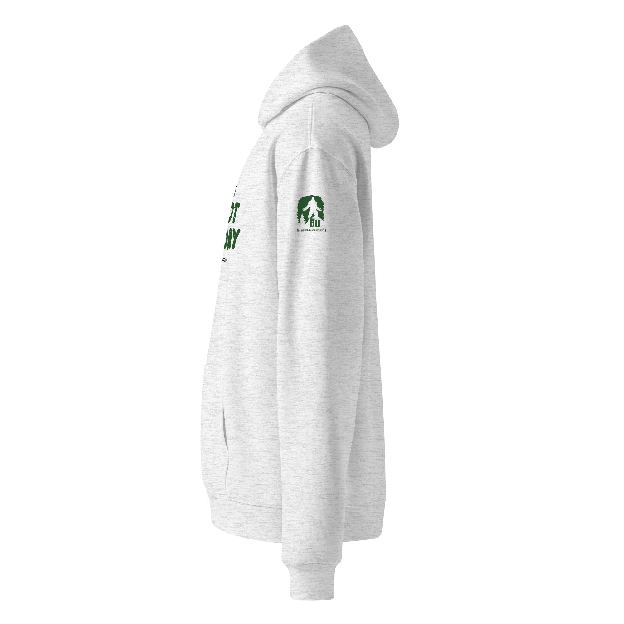 Left sleeve view of Great Gramps Treepaw Official Forest League hoodie showing Bigfoot Unleashed logo badge