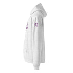 Left sleeve view of Official Forest League #07 Mama Moss white heather relaxed hoodie