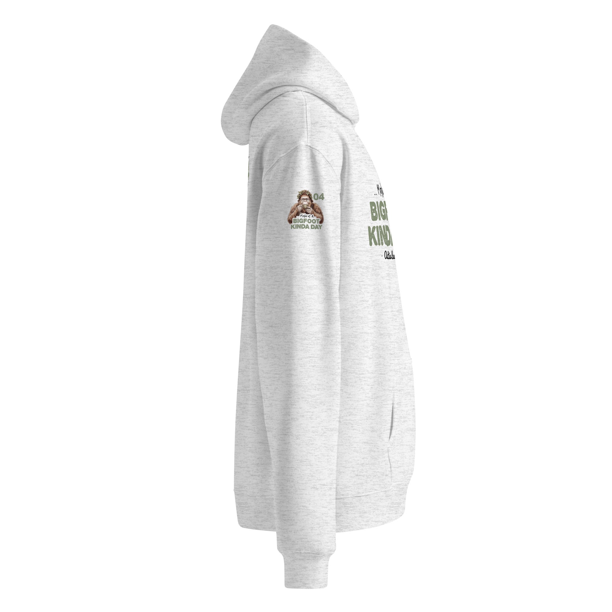Right sleeve view of Official Forest League #04 Auntie Leaf Whisper white heather relaxed hoodie