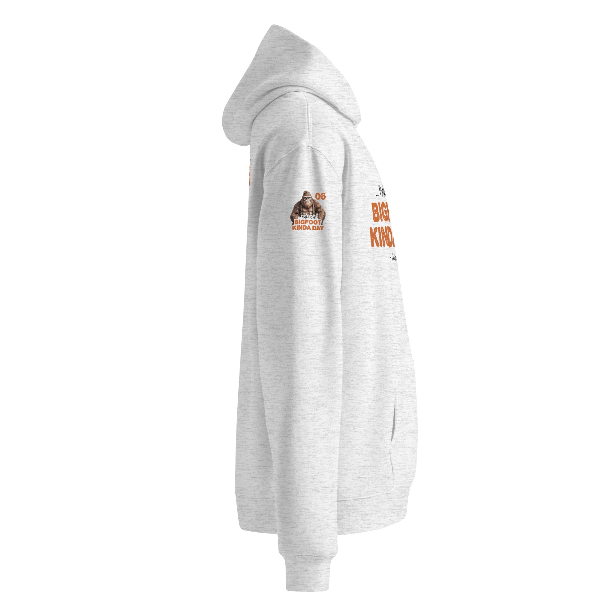 Right sleeve view of Official Forest League #06 Uncle Stump white heather relaxed hoodie