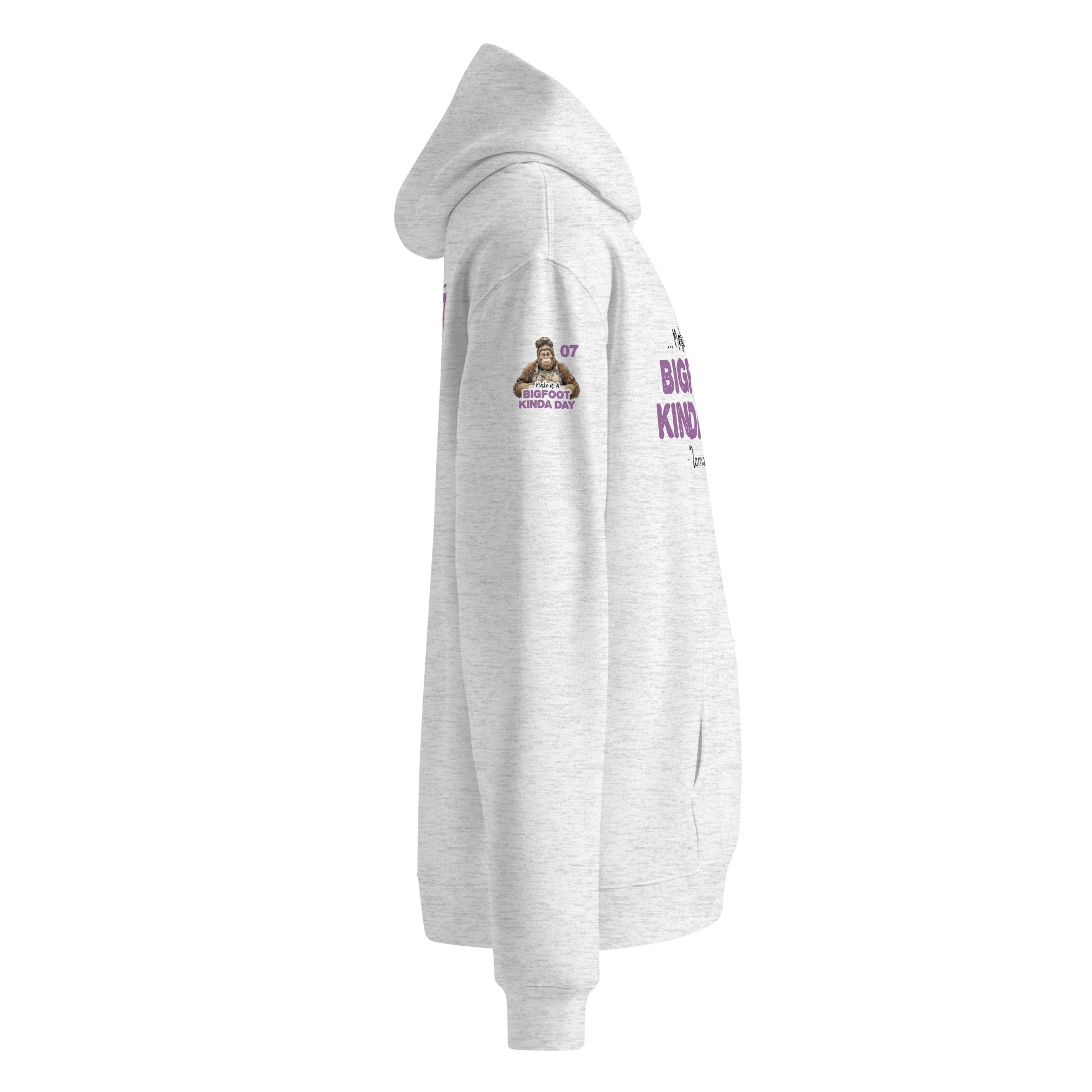Right sleeve view of Official Forest League #07 Mama Moss white heather relaxed hoodie