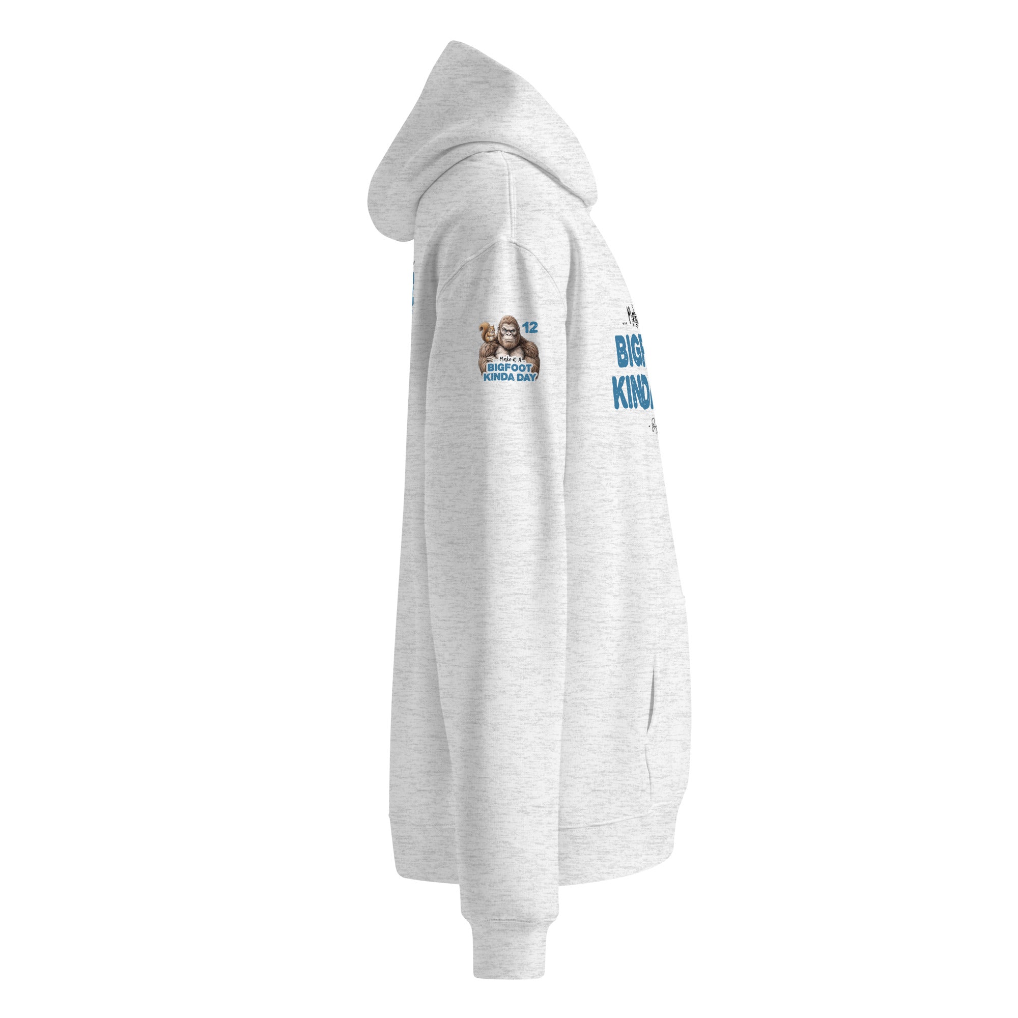 Right sleeve view of Official Forest League #12 Bigfoot white heather relaxed hoodie